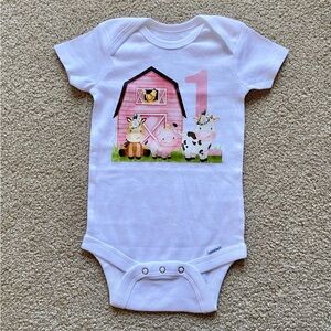 Gerber White Onesie Bodysuit 1 Year Old Birthday Farm Animal Theme